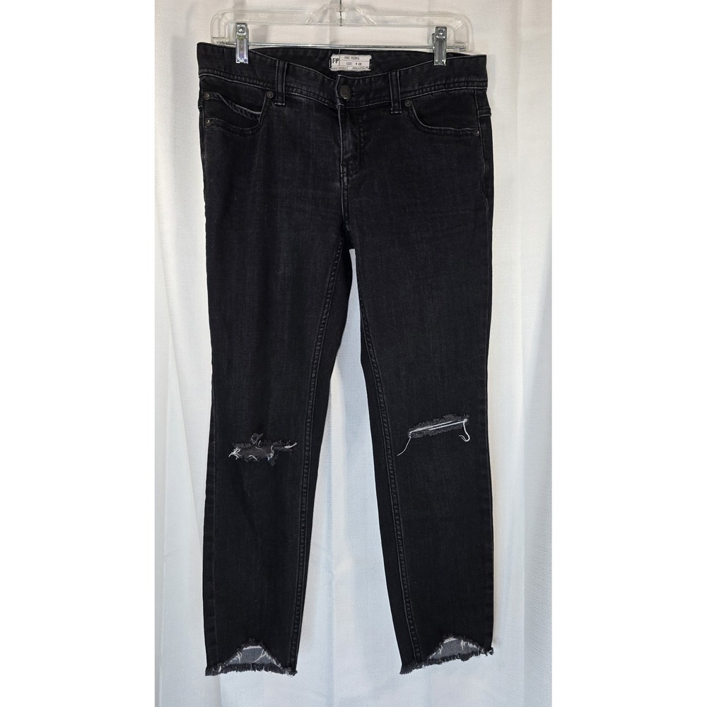 FREE PEOPLE Low Rise Skinny Jeans W27 Black Distressed Fray Step Hem Stretch